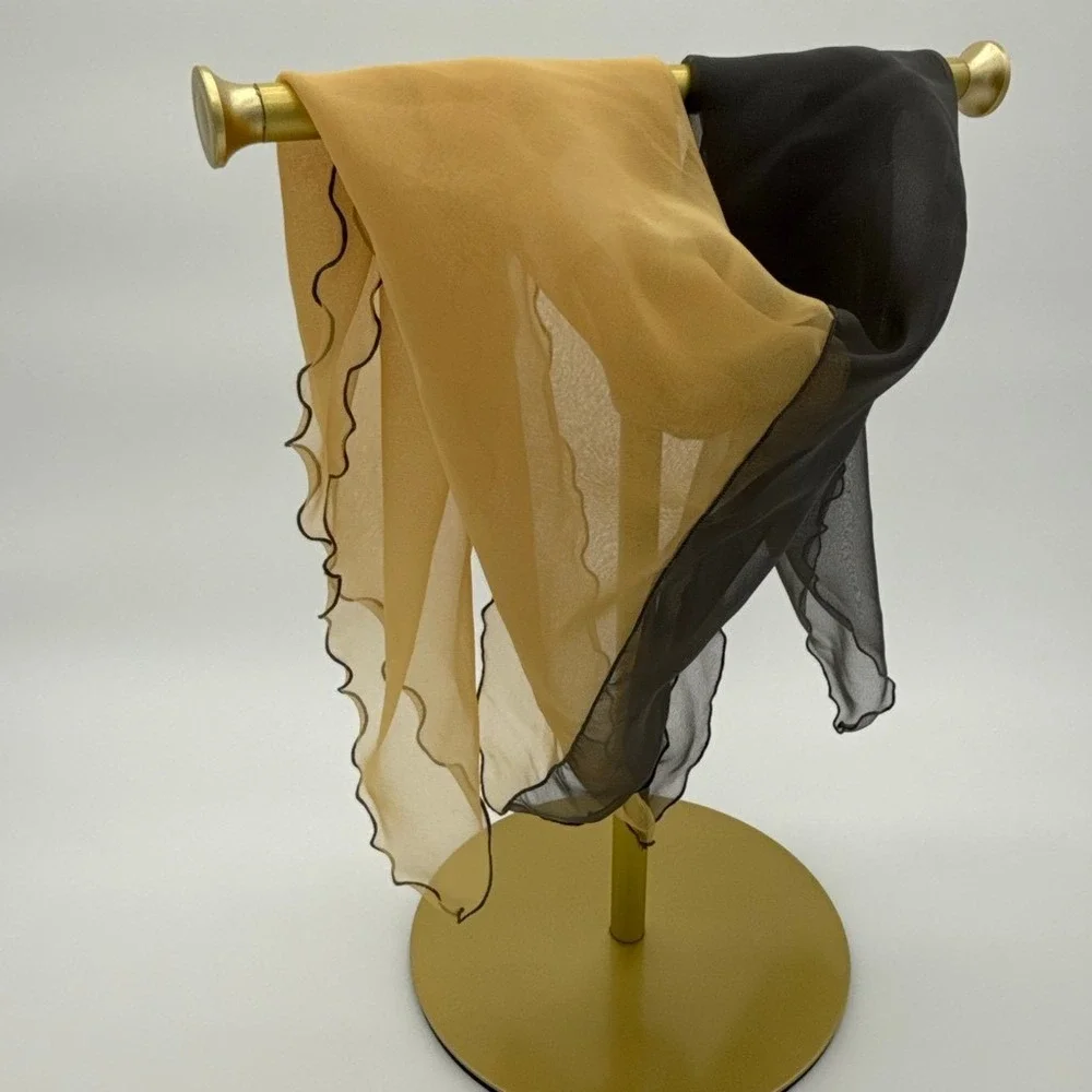 Vintage 90s Sheer Chiffon Square Scarf‎ Tan Gray Lettuce Edge